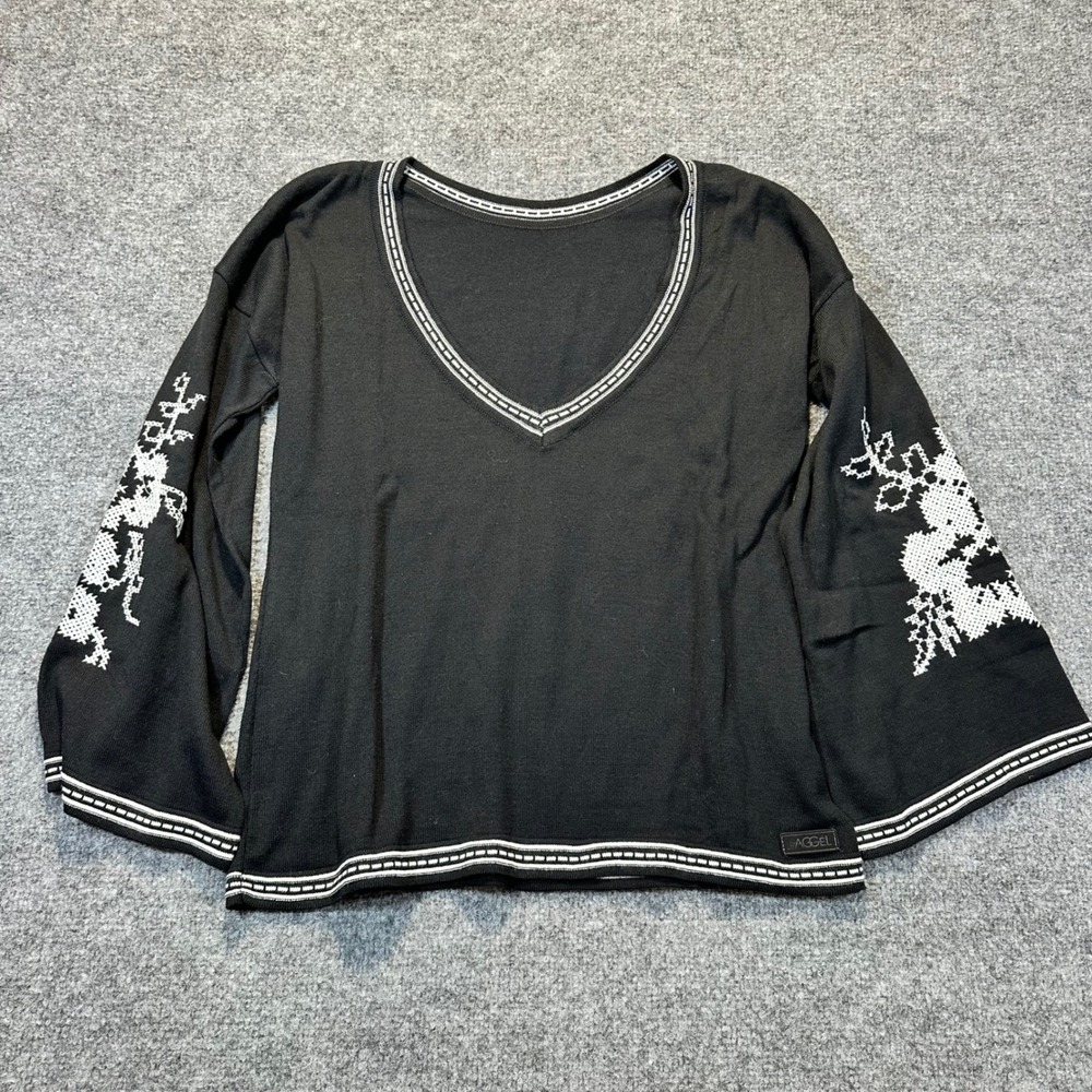 Aggel Knitwear Sweater Womens M Black Floral Boho Cross Stitch Greek Folk